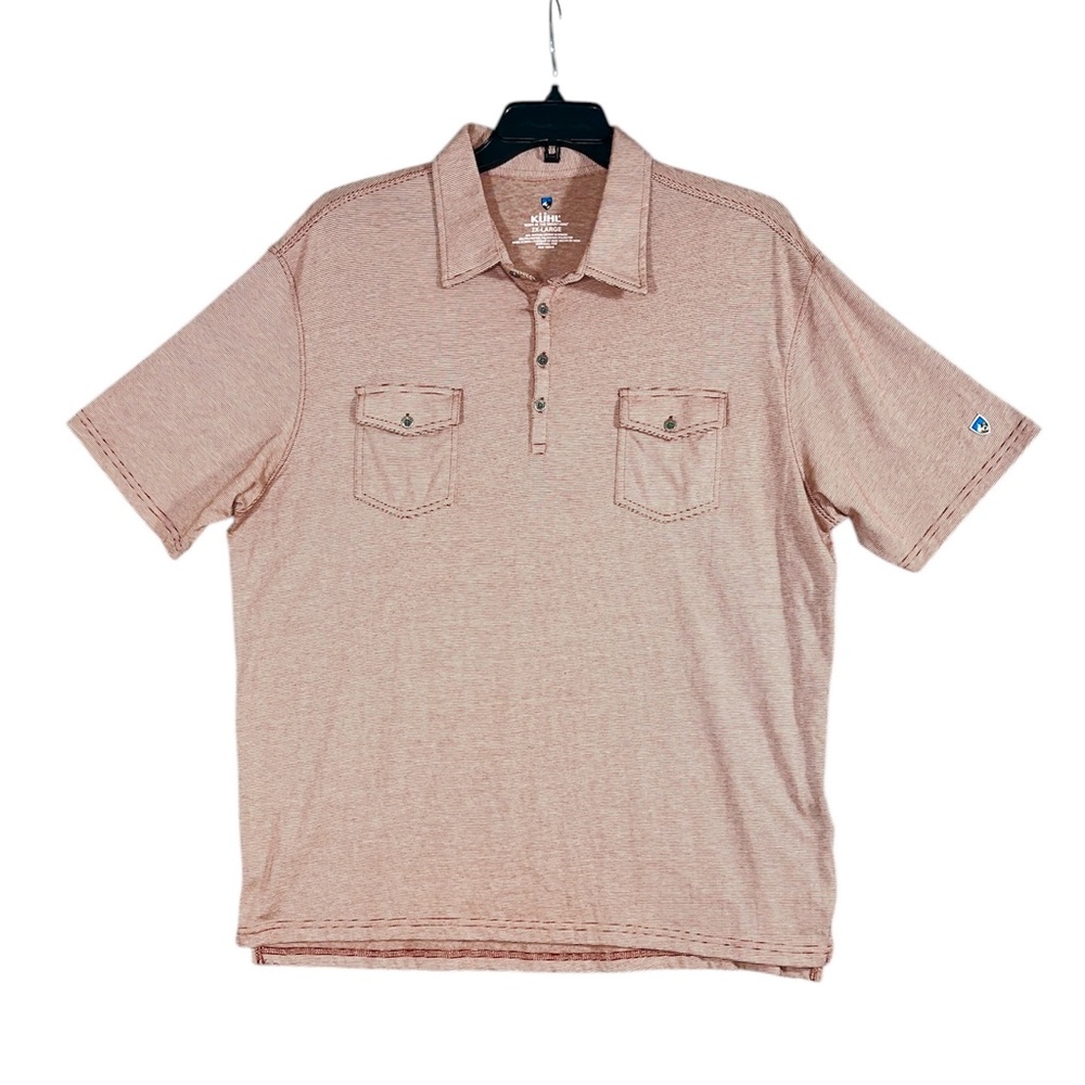 Kuhl Men’s Red Striped Polo Shirt Size XXL Pocket Outdoor Hike Mountains Golf